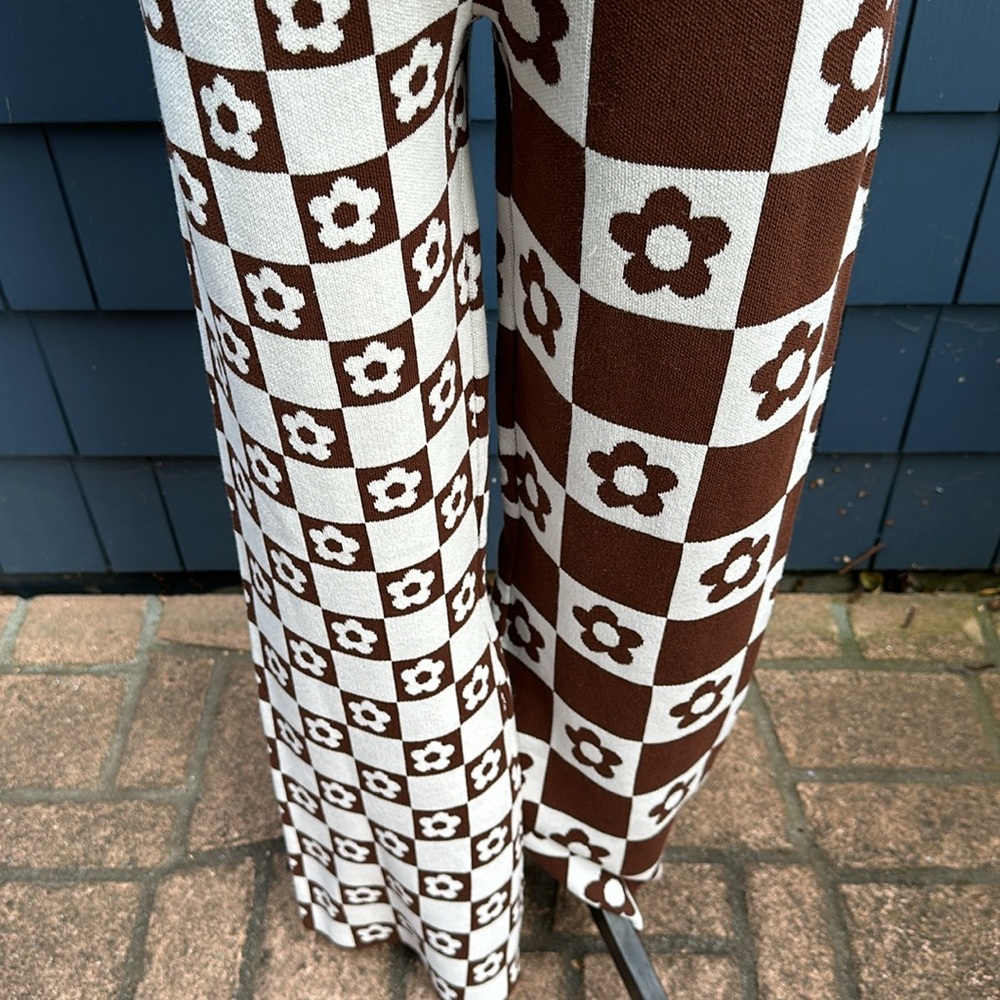 VGUC Brown/White Two-Toned Floral & Checkered Wide Leg Stretch Pants Women’s Lg - Picture 3 of 10